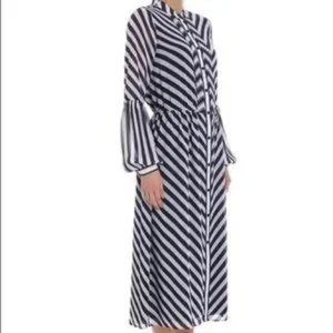 Michael Kors Pleated Front Navy White Striped Cady Maxi/Midi Shirt Dress…